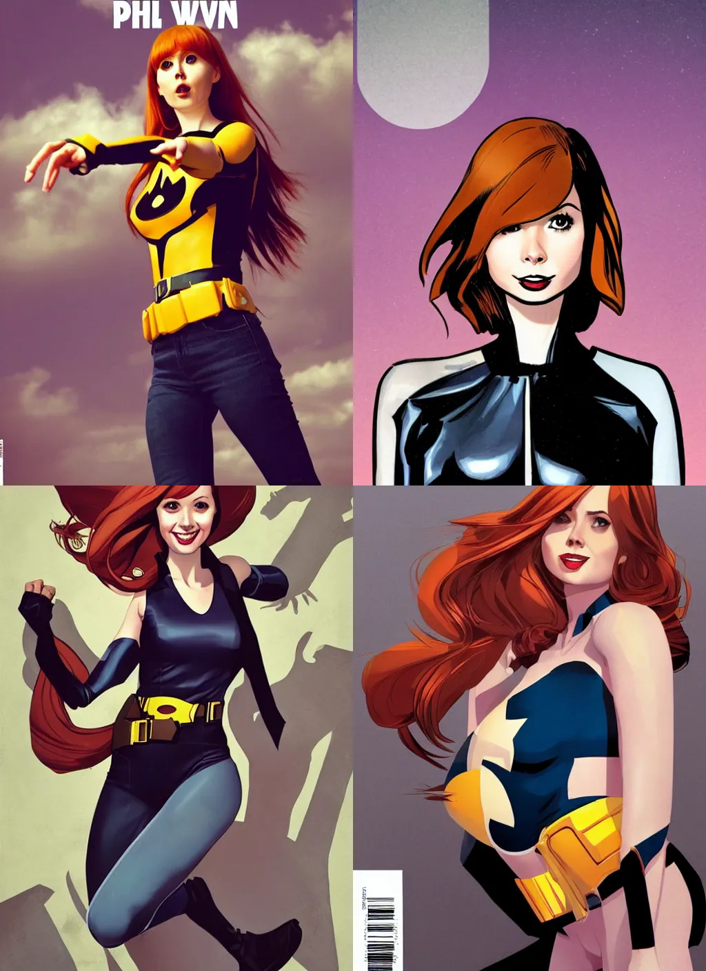 Prompt: in the style of Phil Noto comicbook cover art, Karen Gillan Batgirl, fun pose, smile