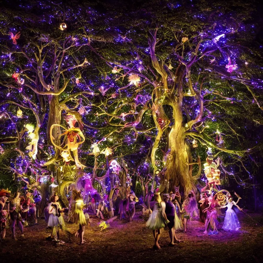 Image similar to photography award of a night carnival fairies around a magical tree, christmas lights, creatures and fantastic people disguised as fantastic creatures in a magical forest by summer night, masterpiece photography by gregory crewdson and john anster fitzgerald, volumetric lightning