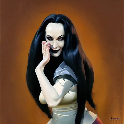 Image similar to greg manchess portrait painting of morticia from addams family as overwatch character, medium shot, asymmetrical, profile picture, organic painting, sunny day, matte painting, bold shapes, hard edges, street art, trending on artstation, by huang guangjian and gil elvgren and greg rutkowski