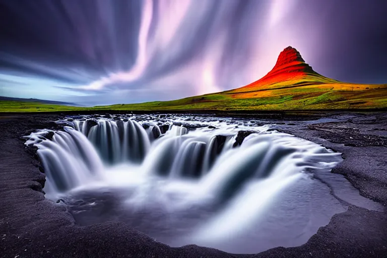 Image similar to amazing landscape photo of Kirkjufell by marc adamus, beautiful, dramatic lighting