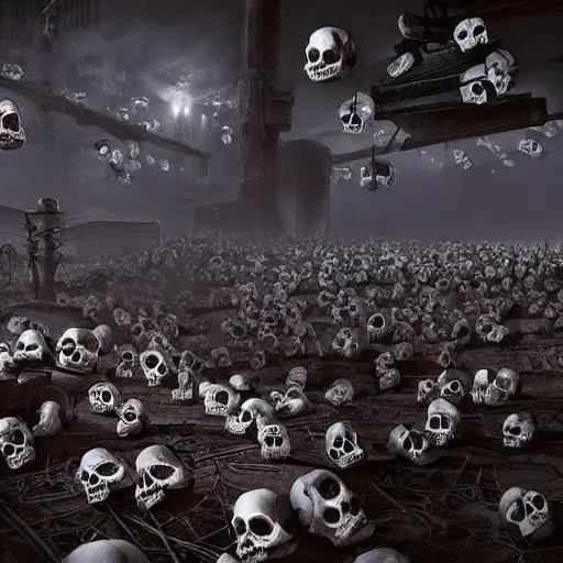 Prompt: ! dream hundreds of glowing skulls hovering over the ground of a post - apocalyptic city, dark, horror, high detail, cinematic lighting