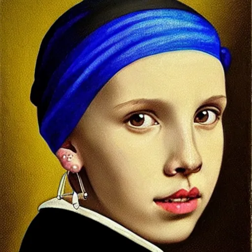 Prompt: Millie Bobby Brown with the pearl earring by Johannes Vermeer