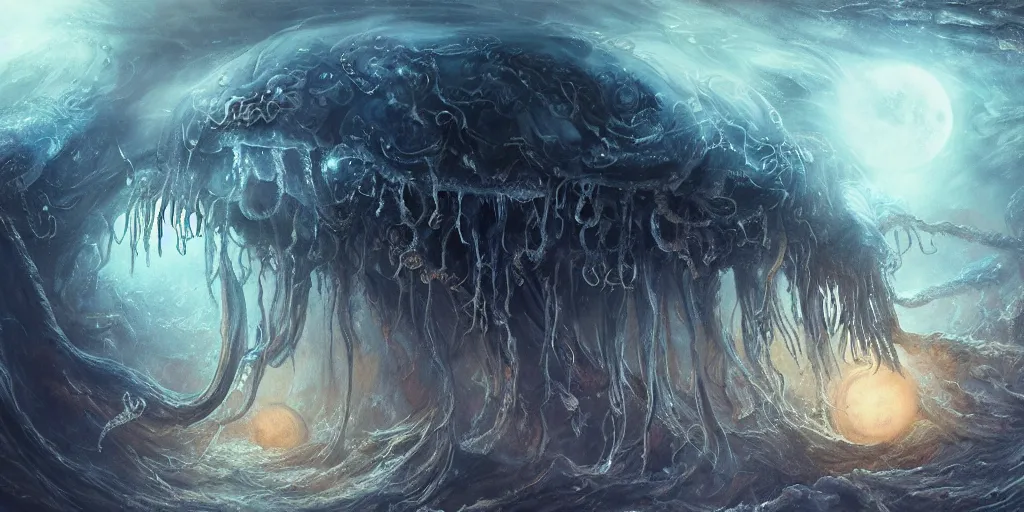 Image similar to concept art of giant translucent glowing jellyfishes, lovecraftian, lots of teeth, melting horror, round moon, rich clouds, fighting the horrors of the unknown, high resolution, very detailed, roaring, volumetric light, mist, grim, fine art, decaying, textured oil over canvas, epic fantasy art, very colorful, ornate, anato finnstark