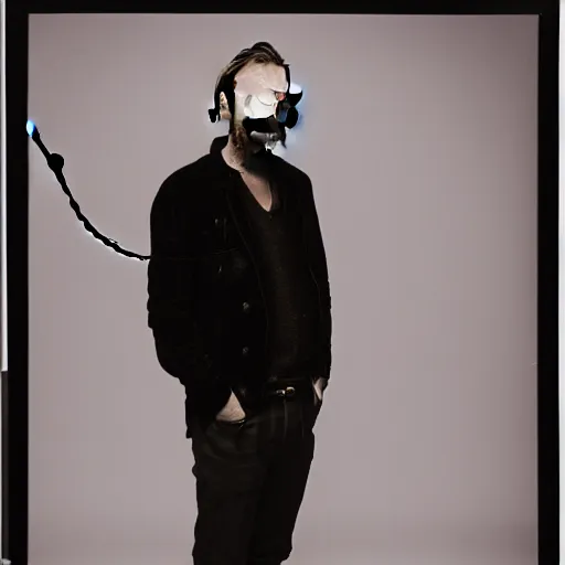 Image similar to Thom Yorke, holding the moon upon a stick, with a beard and a black jacket, a portrait by John E. Berninger, dribble, neo-expressionism, uhd image, studio portrait, 1990s