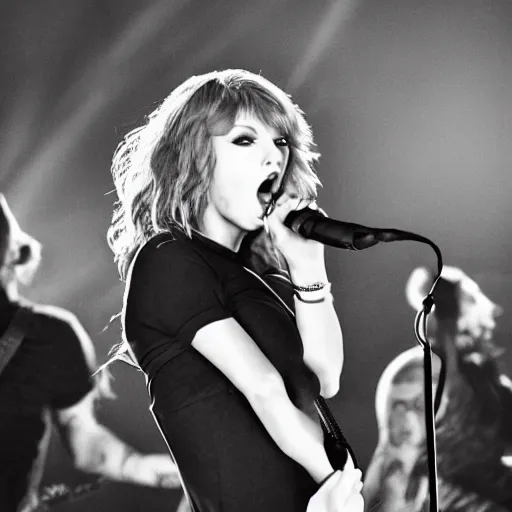 Prompt: extremely detailed professional wide full body shot of sexy taylor swift, accurate face, wearing a ripped black dress, with tattoos and piercings, screaming into a microphone on stage in a metal band at death metal concert, harsh shadows and lighting