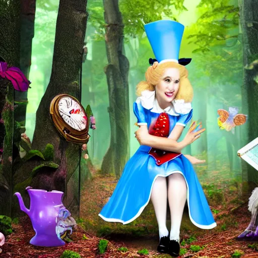 Image similar to photo of Alice in Wonderland encounter a 3d render emote in the forest