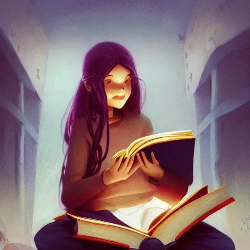 Image similar to a pixar girl reading a book, long hair flowing down, symmetrical, style of by Jordan Grimmer and greg rutkowski, crisp lines and color,