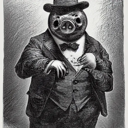 Image similar to a gentleman pig in a tuxedo, creepy, chiaroscuro, illustration by Gustave Doré,