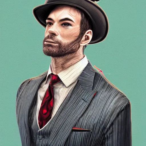 Image similar to a upper body portrait of a deer in a pinstriped suit and pants wearing a fedora with the antlers sticking out of the fedora by artgerm and wlop, intricate detail, digital art, photorealistic, trending on artstation