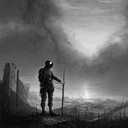 Image similar to apocalyptic landscape, soldier in gasmask, dark clouds, fire, dark, night, eerie, dystopian, city, end times, illustration by Gustave Doré