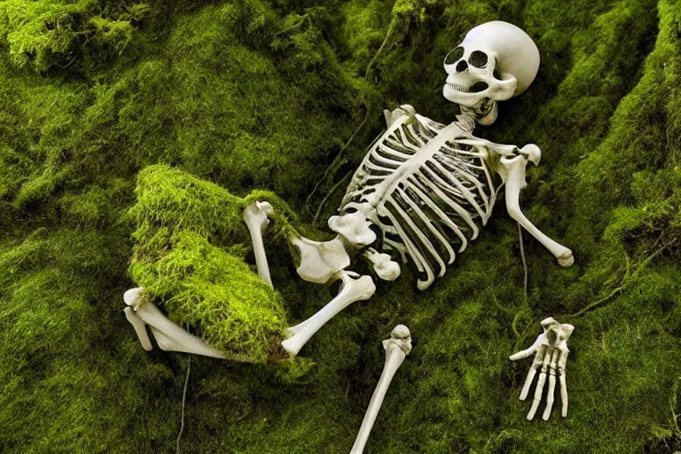 Image similar to human skeleton behind computer overgrown with moss, in forest, dark atmosphere, fanstasy, digital art, very realistic, trending on artsstation, very detailed