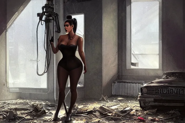 Prompt: cop kim kardashian inside a derelict apartment, glowing walkie talkie, realistic portrait, symmetrical, highly detailed, digital painting, artstation, concept art, smooth, sharp focus, illustration, cinematic lighting, art by artgerm and greg rutkowski and alphonse mucha