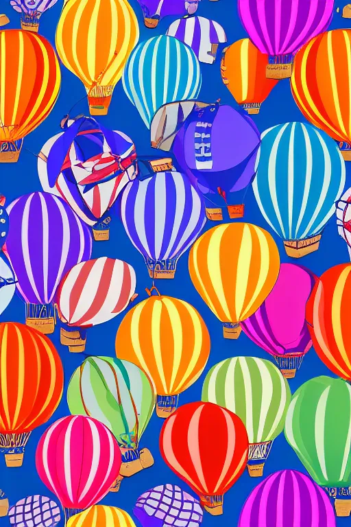 Prompt: seamless pattern of hot air balloons in beautiful sky, colourful, symmetrical, repeating 35mm photography, ultra fine detail, 4k high definition, bold