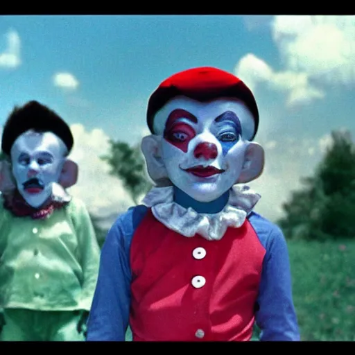 Image similar to screenshot from the scene from the holy mountain where the conjoined child clowns play. The child clowns are conjoined at the head and neck. Cinematic, VHS copy, film grain, 35mm film.