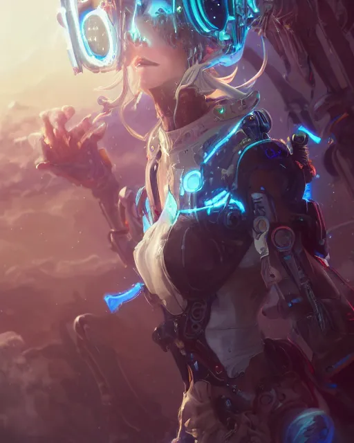 Image similar to holy cyborg necromancer girl, elegant, scifi, futuristic, utopia, garden, illustration, atmosphere, top lighting, blue eyes, white hair, focused, artstation, highly detailed, art by yuhong ding and chengwei pan and serafleur and ina wong