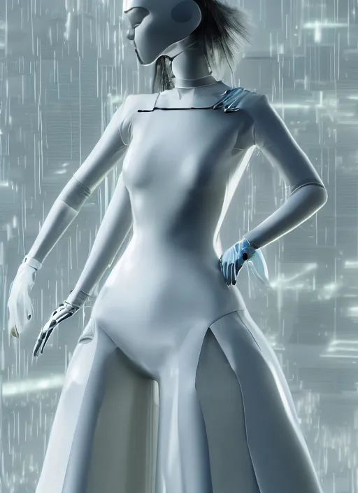 Prompt: an early 0 0's aesthetic digital portrait of a futuristic cyber beautiful girl detailed features wearing a latex wedding dress with a puffy skirt designed by issey miyake artstation, realistic by ichiro tanida and armin vit