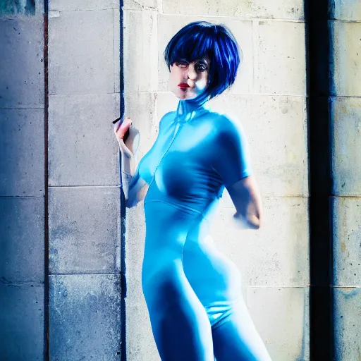 Prompt: hyperdetailed beautiful photo of a seductive woman with light blue eyes and open mouth, really short hair, in a cybercity, wearing tight thin suit, covered, inside berghain, classic, photo 3 5 mm leica, hyperdetail, 8 k, very detailed, fine - face