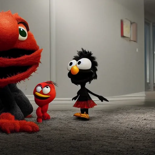 Image similar to stunning, coherent, impressive, detailed still of black a family beating up (elmo) in a fantasy dream world park, follow shot, 3d, in the style of pixar, comic book style, 3d, highly detailed, sharp focus, bokeh, depth of field, 16k resolution, Unreal Engine 5, coherent, cinematic lighting, photorealistic, by Zhang Jingna