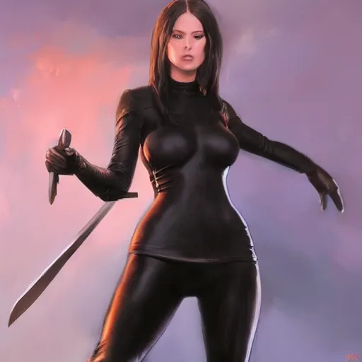 Prompt: a painting of woman wearing black skintight clothes holding a sword standing in a field, painting by mark brooks, trending on artstation, artstationHD, artsationHQ