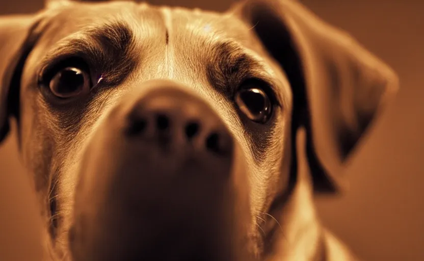 Image similar to movie still of a dog, detailed face, cinematic lighting, 8 k