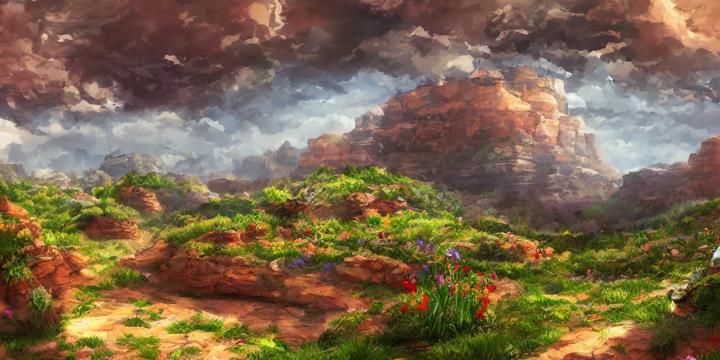 Prompt: backyard garden, in the valley of the wind. Digital art, big scale landscape. Canyons. Clouds. Highly detailed, artstation.