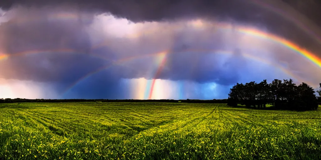 Image similar to detailed fields nature, super storm, full rainbow, impressive, atmospheric, god rays, cinematic, deep colors, deep blue, very high complexity, stunning, masterpiece, 3 5 mm, very detailed. 4 k