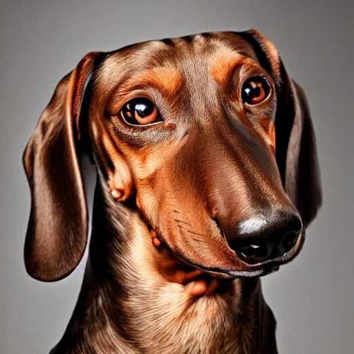 Image similar to portrait of a dachshund human hybrid, studio lighting, realistic, detailed