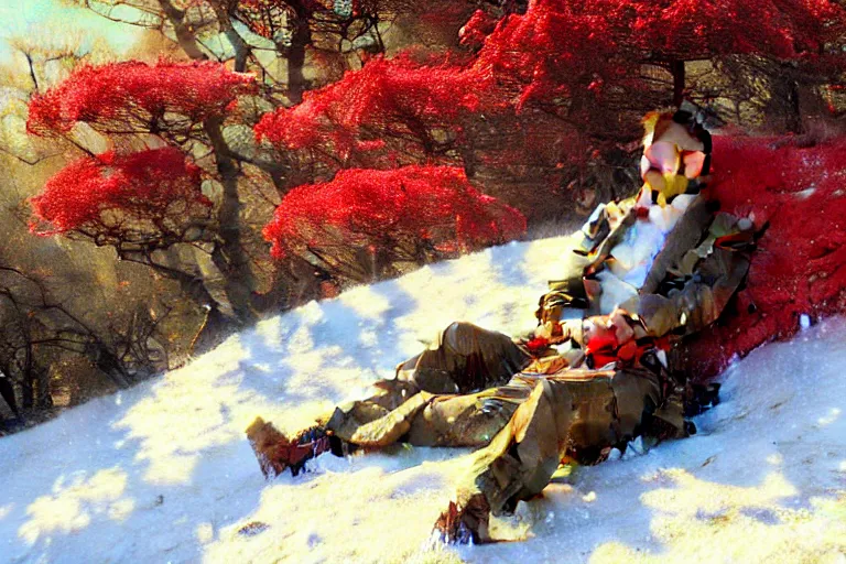 Prompt: winter, a clean - shaven white businessman relaxing under a world tree with red flowers, ground covered with snow, extreme long shot, painting by gaston bussiere, craig mullins, j. c. leyendecker, trending on artstation