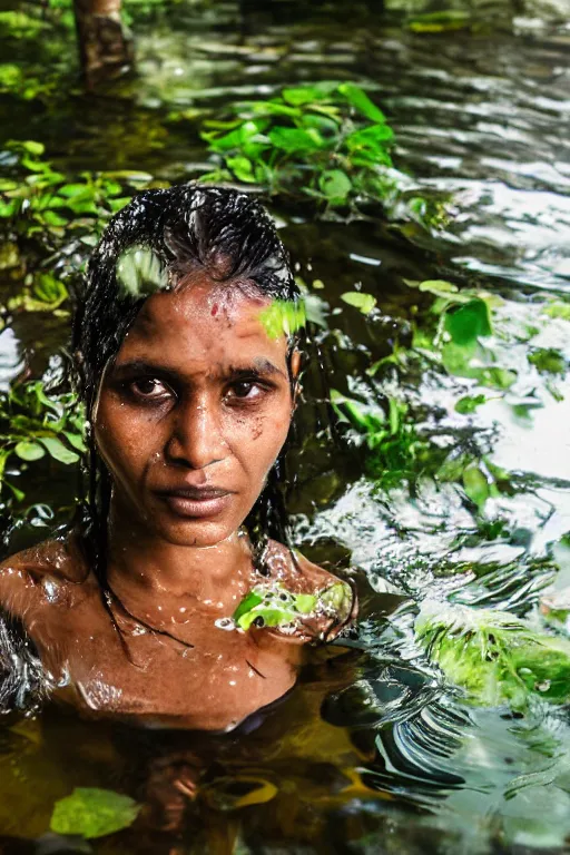 Image similar to a professional portrait photo of a sri lankan native jungle woman, submerged in water, black hair, hunter, extremely high fidelity, natural lighting