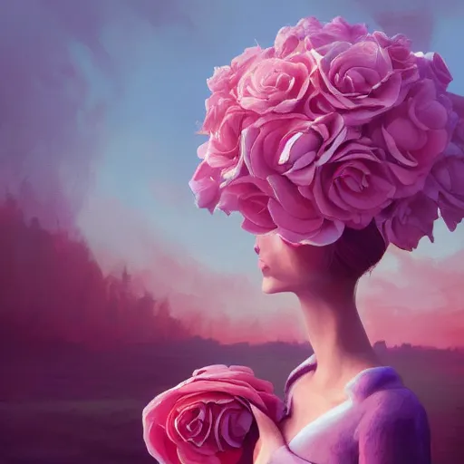 Image similar to closeup, huge rose flower face, frontal, girl in a suit, surreal photography, sunrise, dramatic light, impressionist painting, digital painting, artstation, simon stalenhag