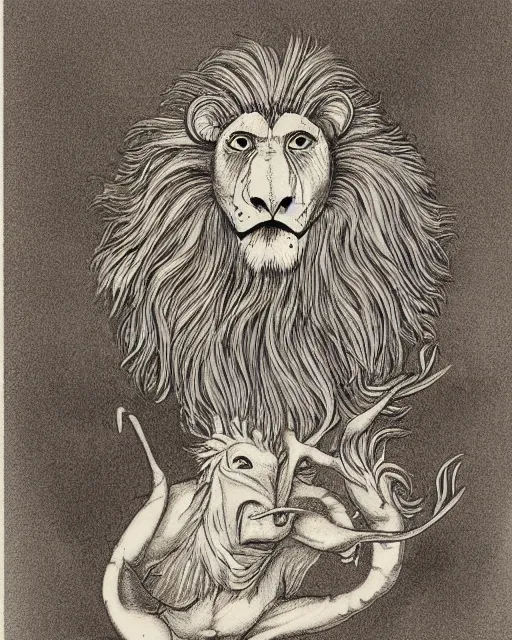 Image similar to a creature with the body and eyes of a man, beak of an eagle instead of the nose, the mane of a lion, two horns of an ox on the head. drawn by miura kentaro