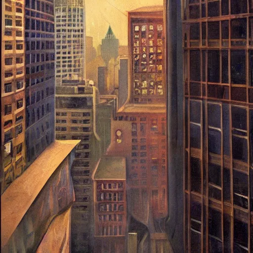 Image similar to muted color ultra realistic painting of a balcony view of 1 9 2 5 boston downtown at night in dr strange's mirror dimension, dark, brooding, night, atmospheric, horror, cosmic, ultra - realistic, smooth, highly detailed in the style of clyde caldwell