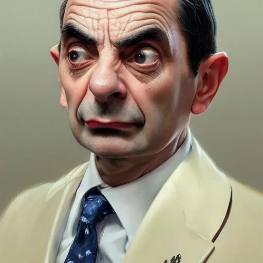 Image similar to a portrait of Mr Bean , detailed, centered, digital painting, artstation, concept art, donato giancola, Joseph Christian Leyendecker, WLOP, Boris Vallejo, Breathtaking, 8k resolution, extremely detailed, beautiful, establishing shot, artistic, hyperrealistic, octane render