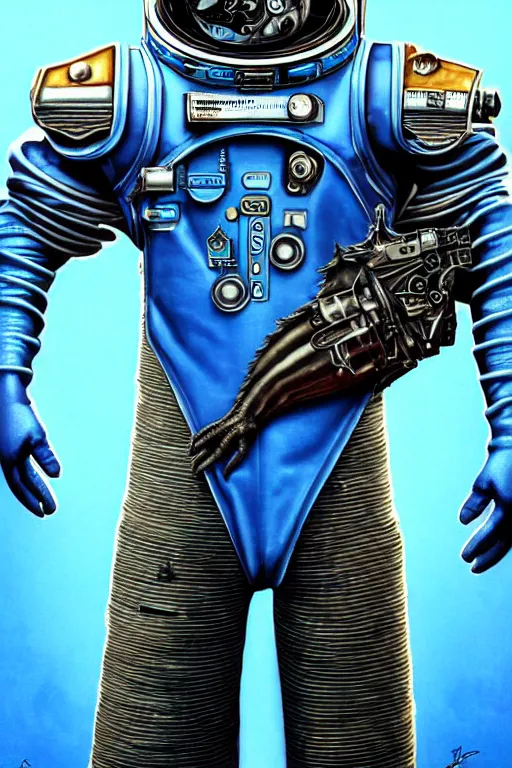 Prompt: a portrait of a muscular anthropomorphic cyberpunk blue iguana space mechanic in spacesuit armor with ensignia on chest plate by sandra chevrier, by jon foster, detailed render, pistol in holster, tape deck, epic composition, cybernetics, 4 k realistic, cryengine, realistic shaded lighting, sharp focus, masterpiece, by enki bilal