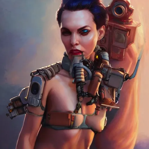 Image similar to tank girl, highly detailed, half android, power implants, body transmogrify, beautiful, mesmerising, look of desire, loving stare, digital painting, trending on artstation, concept art, 4 k, sharp focus, illustration, art by artgerm and greg rutkowski and magali villeneuve