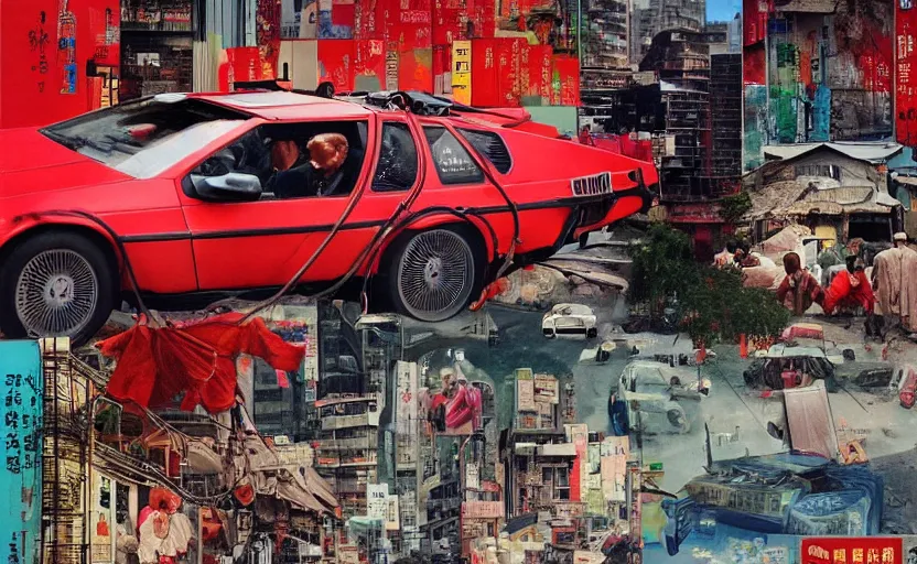 Prompt: a red delorean in ajegunle slum of lagos - nigeria, painting by hsiao - ron cheng & salvador dali, magazine collage & ukiyo - e style, masterpiece.