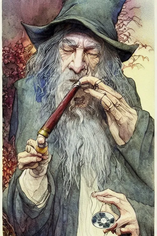 Prompt: a realistic and atmospheric watercolour fantasy character concept art portrait of ( ( ( gandalf ) ) ) with bloodshot eyes smoking a pipe looking at the camera with a pot leaf nearby by rebecca guay, michael kaluta!!!!!!, charles vess and jean moebius giraud!!!!!