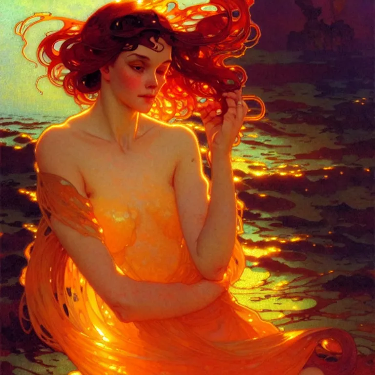 Image similar to sea of glossy liquid honey drops flowing like translucent amber, backlit, sunset, refracted lighting, art by collier, albert aublet, krenz cushart, artem demura, alphonse mucha