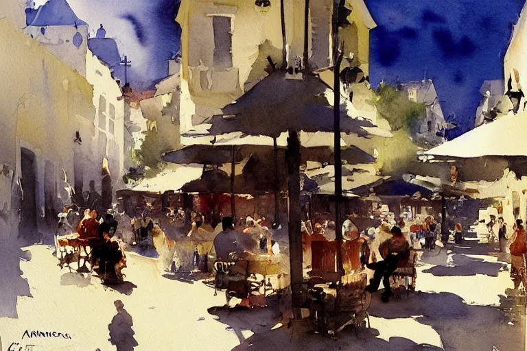 Image similar to abstract watercolor painting of spanish street, white buildings, summer, magical and traditional, cinematic light, french cafe, sharp shadows, daylight, national romanticism by anders zorn, by greg rutkowski, by greg manchess