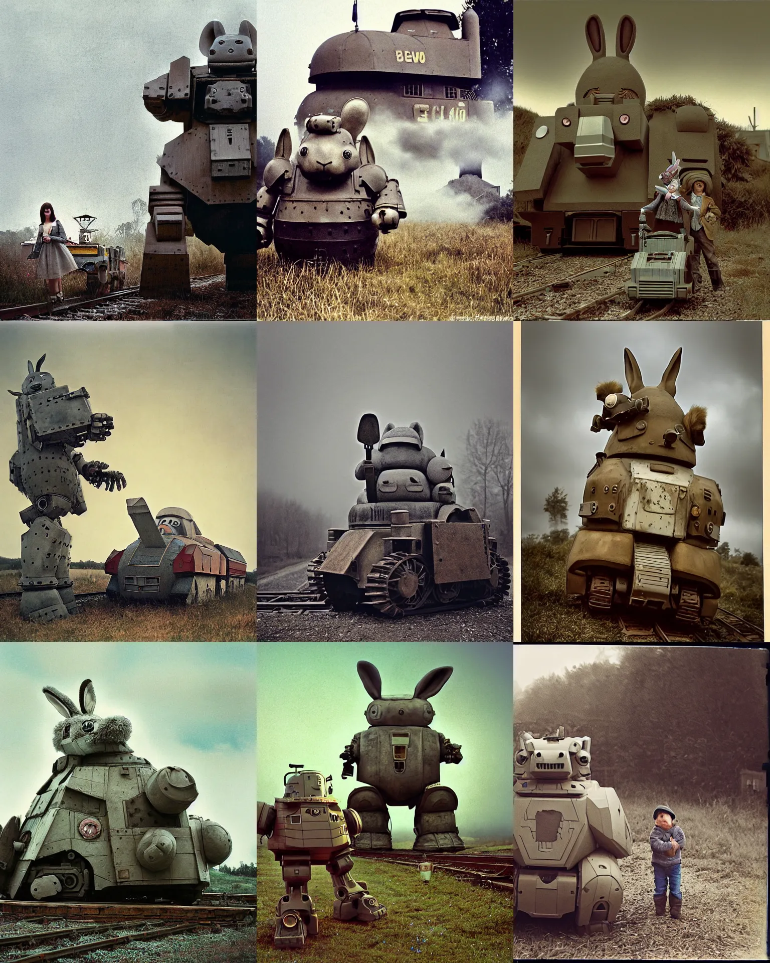 Prompt: giant oversized chubby train armored rabbit robot mech, with big rabbit ears ,on a village , Cinematic focus, Polaroid photo, vintage, neutral colors, soft lights, fuzzy, grainy, dirt stains, cinematic mood , foggy, panorama by Steve Hanks, by Serov Valentin, by lisa yuskavage, by Andrei Tarkovsky