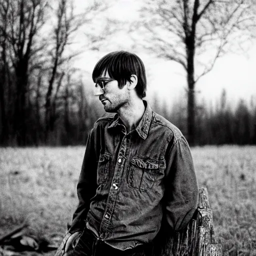 Prompt: medium shot portrait bust of jeffrey dahmer sitting on fence, tired expression, faded color film, russian cinema, mario testino, tarkovsky, technicolor, heavy forest, wood cabin in distance, shallow depth of field, long brown hair, old clothing, heavy fog, brown color palette, sunset, low light, hudson river school, 4 k, dramatic lighting