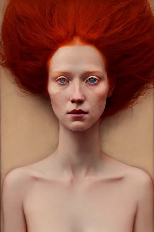 Image similar to of beautiful redhead female, beauty portrait by greg rutkowski, hilma af klint, moebius, victo ngai, sharp focus, global illumination, highly detailed, masterpiece, award winning, post processing