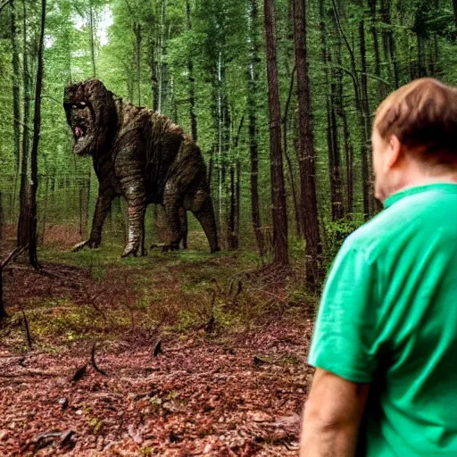 Image similar to a man looking in the forest to see an oversized terrifying creature