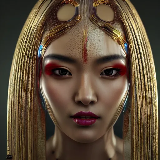 Image similar to asian woman closeup face portrait, face covered with chrome liquid stripes and glowing gems, highly detailed face, elegant pose, intricate, extremy detailed, cgsociety, unreal engine, octane render,, highly detailed 4 k art