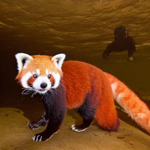 Image similar to dark footage of a red panda walking around the bottom of the ocean