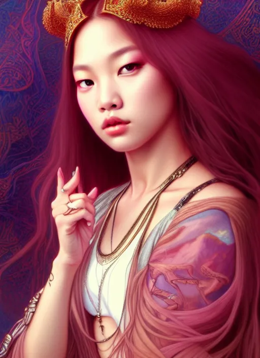 Prompt: jennie of blackpink, queen, tarot card, highly detailed, digital painting, smooth, sharp focus, illustration, ultra realistic, unreal engine, 8 k, art by artgerm and alphonse mucha