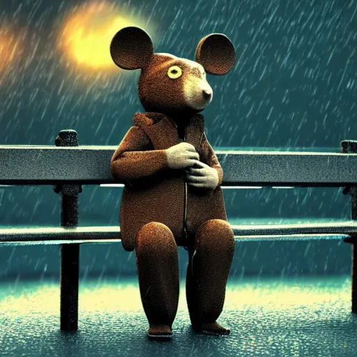 Prompt: depressed anthropomorphic rat, 3 d, render, movie scene, sad, lonely, moody lighting, wearing a fur coat, in the rain, at night, sitting on a park bench