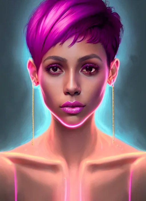 Image similar to portrait of vanessa morgan with bright pink hair, curly pixie cut hair, wearing a purple breton cap, breton cap, hoop earrings, intricate, elegant, glowing lights, highly detailed, digital painting, artstation, concept art, smooth, sharp focus, illustration, art by wlop, mars ravelo and greg rutkowski