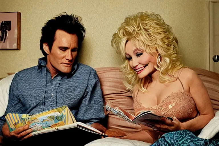 Image similar to portrait of dolly parton reading a bedtime story to jim carrey in bed,