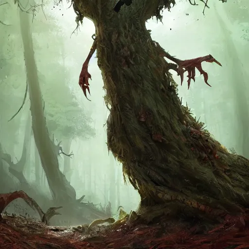 Image similar to a living ent with legs and a tail, in the shape of a rat, in a corrupted forest, by greg rutkowski, trending on art station, highly detailed, magic the gathering, matte painting